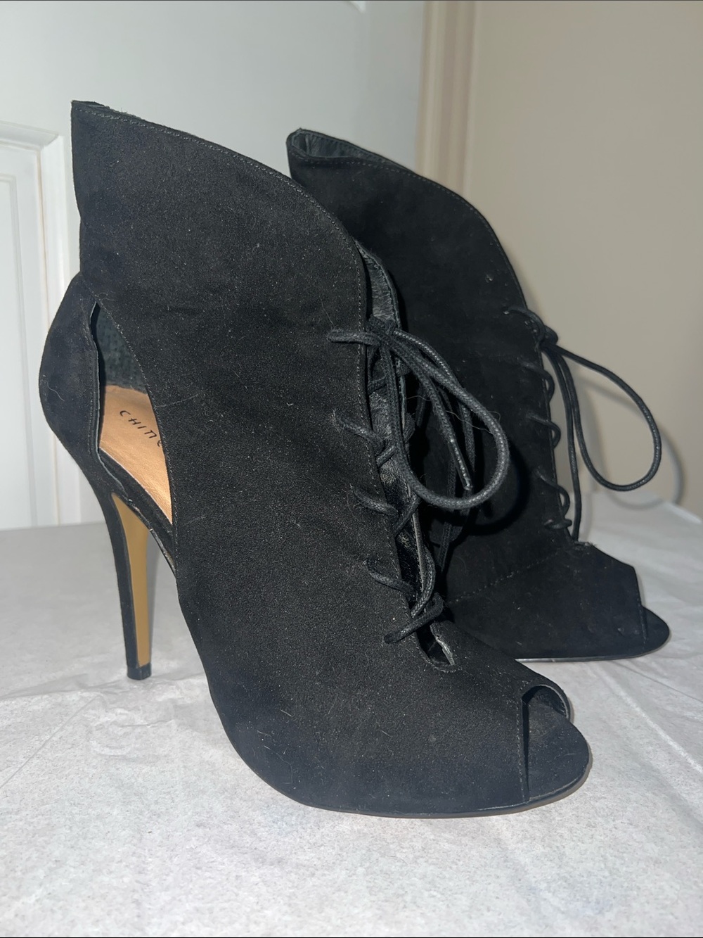Chinese Laundry Black Suede Lace-Up Peep-Toe Stiletto Booties